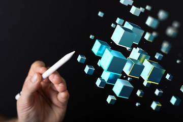 Businessman holding flying network connection