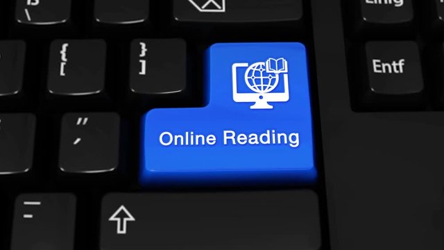62. Online Reading Rotation Motion On Blue Enter Button On Modern Computer Keyboard with Text and icon Labeled. Selected Focus Key is Pressing Animation. Online Technology Concept