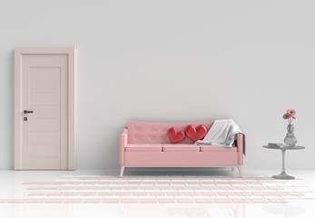 Two red hearts on pink sofa in white pastel living room decor with flower,glass table, Window, White wall& tile floor. Rooms of Love on Valentine`s Day. Background and interior. 3D render.