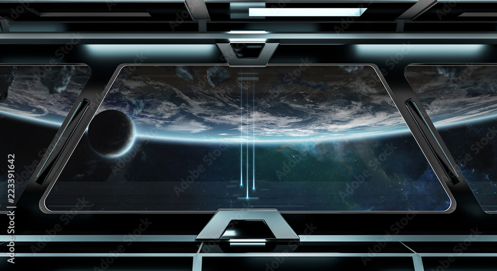 Fototapete dark spaceship interior with large window view 3d rendering