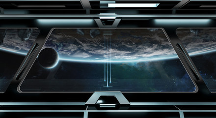Dark spaceship interior with large window view 3D rendering © sdecoret