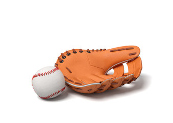 3d rendering of a white baseball with red stitching lying near leather mitt on a white background.