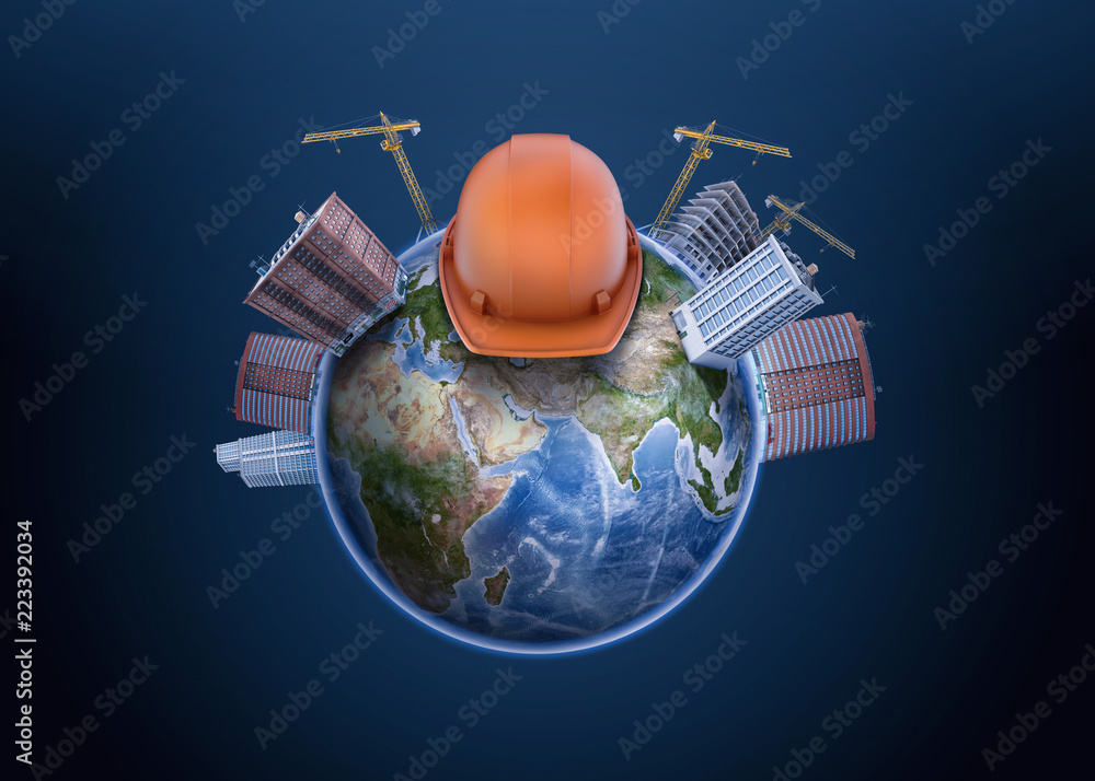 Poster 3d rendering of earth globe with high apartment buildings constructed on it with cranes, and a hard 