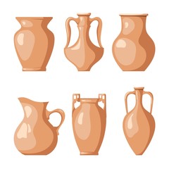 Set of clay jugs on a white background. Collection of a pitchers for liquid and grain. Vector illustration of a dish of clay