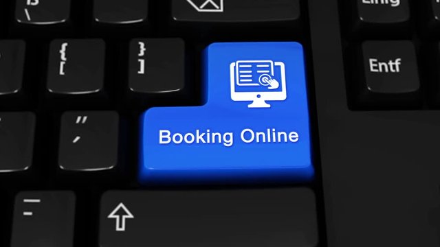 65. Booking Online Rotation Motion On Blue Enter Button On Modern Computer Keyboard with Text and icon Labeled. Selected Focus Key is Pressing Animation. e-commerce Concept