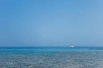 Obraz premium White ship in distance. Blue marine water and clear sky background. Horizontal color photography.