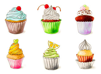 set of cupcakesisolated on white hand-drawn illustration