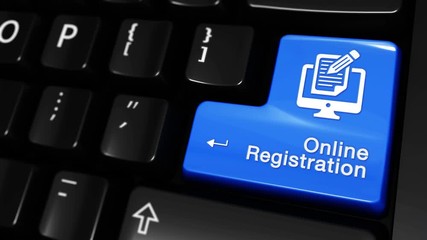 67. Online Registration Moving Motion On Blue Enter Button On Modern Computer Keyboard with Text and icon Labeled. Selected Focus Key is Pressing Animation. Online Technology Concept