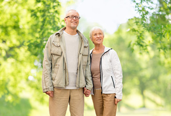 old age and people concept - happy senior couple holding hands over green natural background