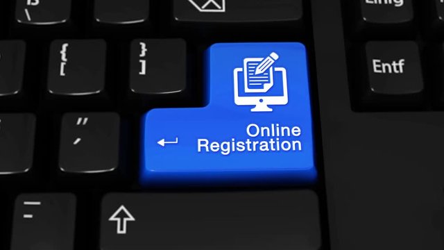 68. Online Registration Rotation Motion On Blue Enter Button On Modern Computer Keyboard with Text and icon Labeled. Selected Focus Key is Pressing Animation. Online Technology Concept