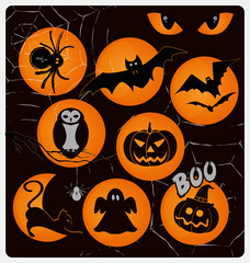 Halloween vector design collection . A set of traditional Halloween day symbols : spider, bat, owl, eyes, ghost, moon, cobweb, skull and cross bones