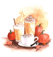 watercolor coffee with orange pumpkin background - 223394005
