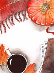 watercolor autumn illustraton as frame with orange pumpkin, book, red scarf, leaves and coffe - 223394012