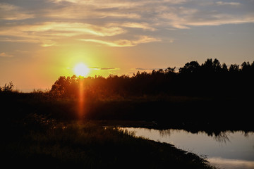 Landscape at sunset with reflection in the water of trees
