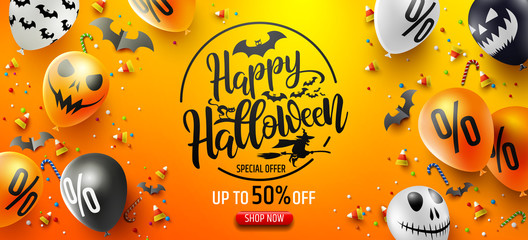 Fototapeta premium Halloween Sale Promotion Poster with Halloween candy and Halloween Ghost Balloons on Orange background.Scary air balloons.Website spooky or banner template.Vector illustration EPS10