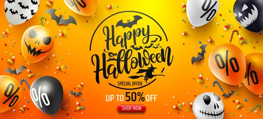 Tragetasche Halloween Sale Promotion Poster with Halloween candy and Halloween Ghost Balloons on Orange background.Scary air balloons.Website spooky or banner  template.Vector illustration EPS10 © Fotomay