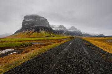 Lomagnupur Mountain, a precipitous promontory on the south coast of Iceland. Amazing Icelandic landscape.