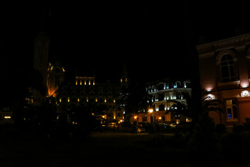 Fototapeta na wymiar Illuminated Europe Square in Batumi. Night cityscape with modern architecture in Georgia