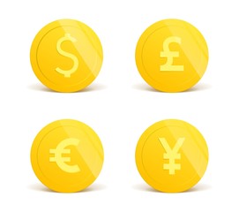 3d realistic gold coins set on white in different positions .Money isolated on white. Vector illustration.