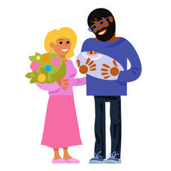 Happy parents with new born baby. Cartoon vector illustration