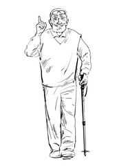 Sketch of an smiling old man walking with a tracking stick. Hand drawn vector illustration isolated