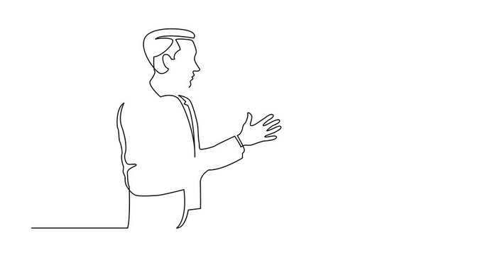 Animation of continuous line drawing of standing businessman showing with his hands