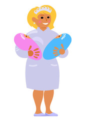 Maternity nurse holding two babies. Smiling midwife carrying twins. Cartoon vector illustration.