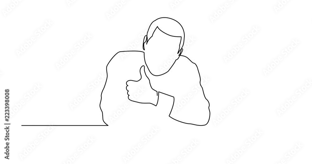 Poster animation of continuous line drawing of man with blank banner showing thumb up