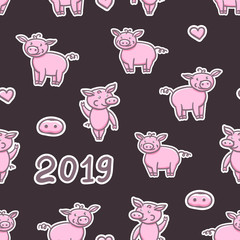 Pigs cute doodle pencil hand drawing. Seamless pattern Happy New Year. Chinese year sign 2019. Vector illustration isolated on dark background.