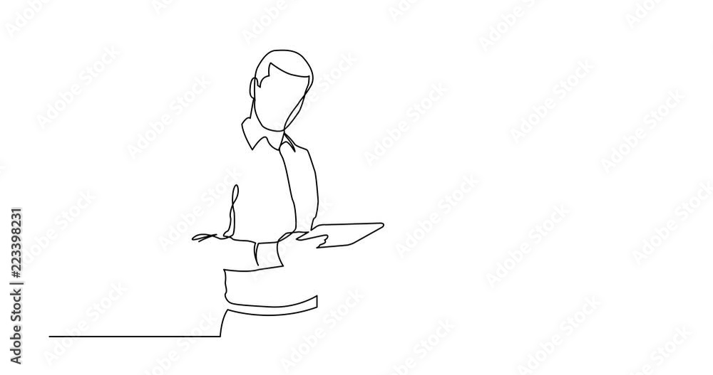 Poster animation of continuous line drawing of standing man with tablet pointing finger