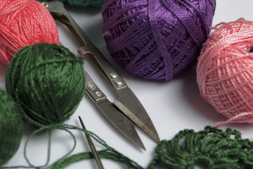 Crochet jewelry for women. Earrings knitted by an entrepreneur. Threads for knitting, billets and...
