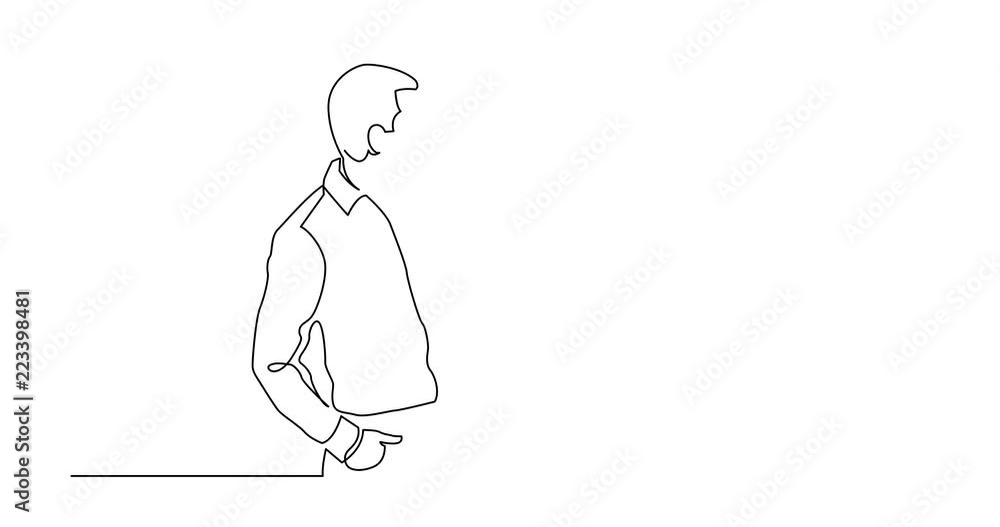 Poster animation of continuous line drawing of standing man presenter pointing at screen