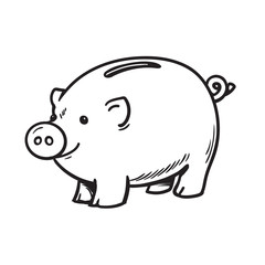 Black and white sketch of funny piggy bank. Vector illustration.