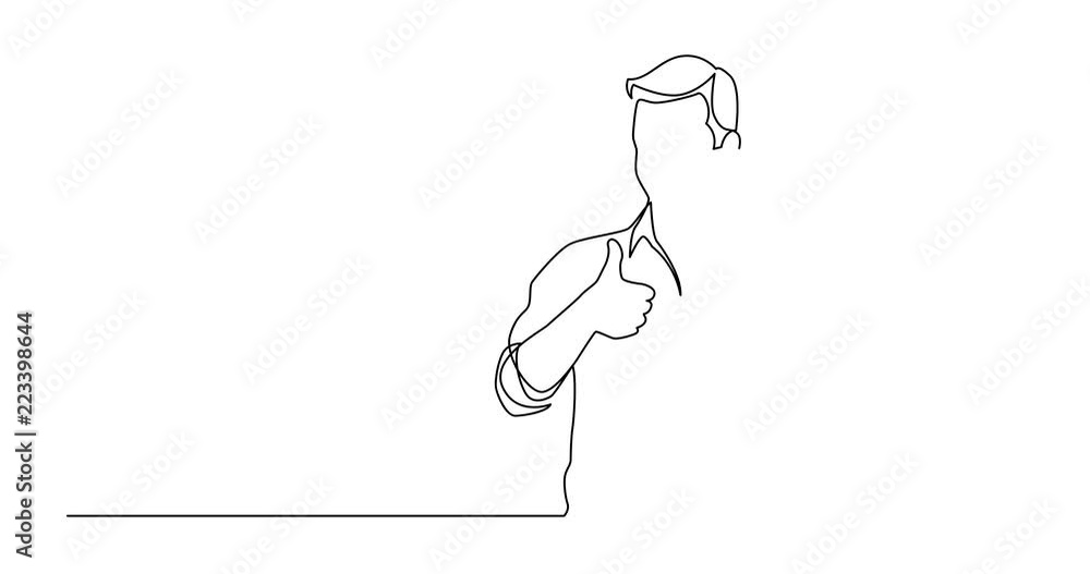 Poster animation of continuous line drawing of standing man showing thumb up gesture