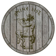 Fototapeta premium Satyr playing flute against wooden barrel. Hand drawn vector illustration in old engraving style. Wine list design.