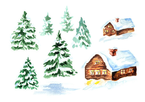 Winter  house with snow and fir set. Watercolor hand drawn illustration, isolated on white background