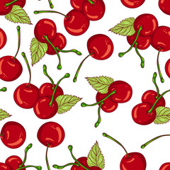 Vector seamless pattern with cherries. Illustration isolated on white background. Hand drawn pattern