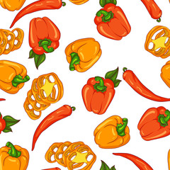 Vector seamless pattern with paprika and chili pepper. Illustration isolated on white background. Hand drawn pattern