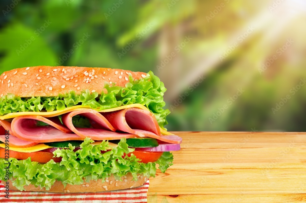 Wall mural sandwich with ham, cheese and tomato isolated