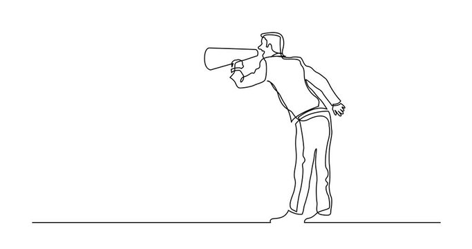 Animation of continuous line drawing of standing man shouting in megaphone