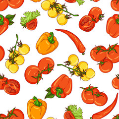 Vector seamless pattern with tomato and paprika. Illustration isolated on white background. Hand drawn pattern