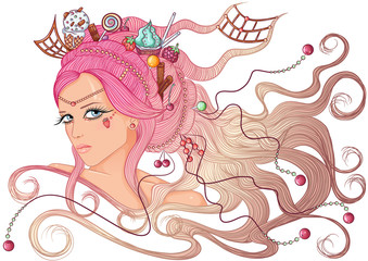 Vector illustration with a portrait of a beautiful young girl with long hair with hair dress of sweets. Girl with pink hair isolated on white background