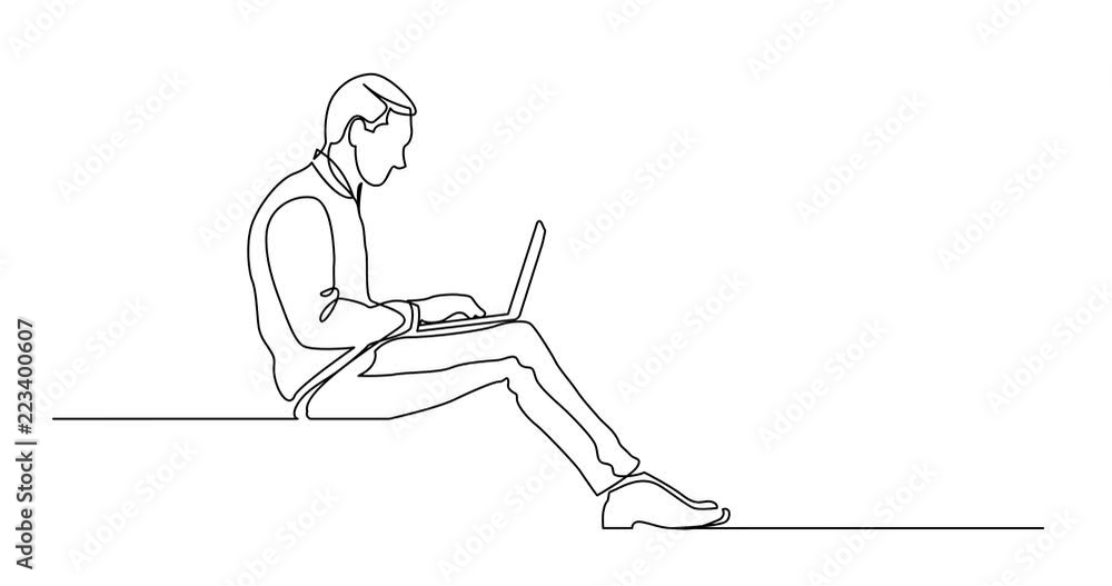 Poster animation of continuous line drawing of office worker sitting working on laptop computer