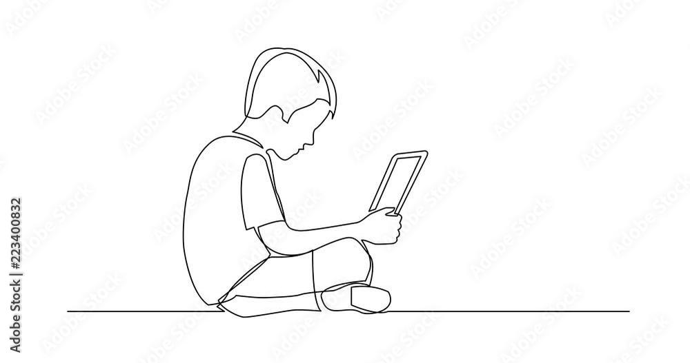 Poster animation of continuous line drawing of sitting boy watching laptop computer