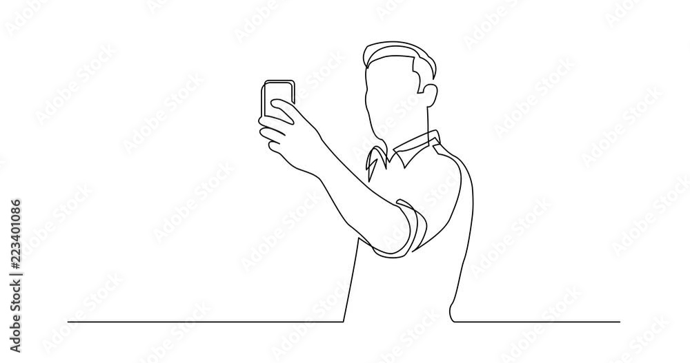 Poster animation of continuous line drawing of standing man making selfie with his mobile phone