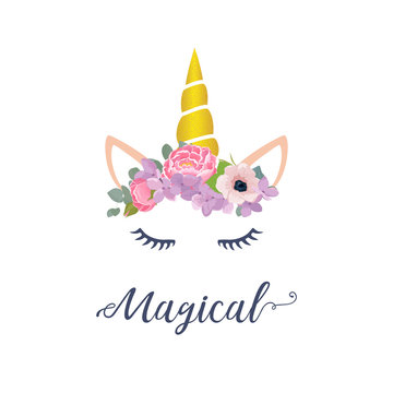 Cute unicorn vector graphic design. Cartoon unicorn head with flower crown illustration and inscription Magical