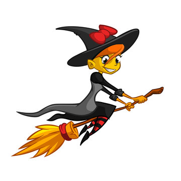Cartoon witch flying on her broom. Vector clip art illustration
