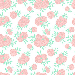 Seamless pattern of cartoon hand-drawn pink roses and green leaves. Illustration in pastel shades for clothes, wrappers, gifts, textiles, postcards and invitations.