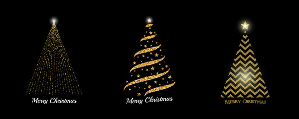 Christmas tree collection. Vector golden sparkling Christmas tree illustrations for background, card, banner design.