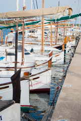 Fototapeta na wymiar Typical white boats linked to the port quay of Fornells